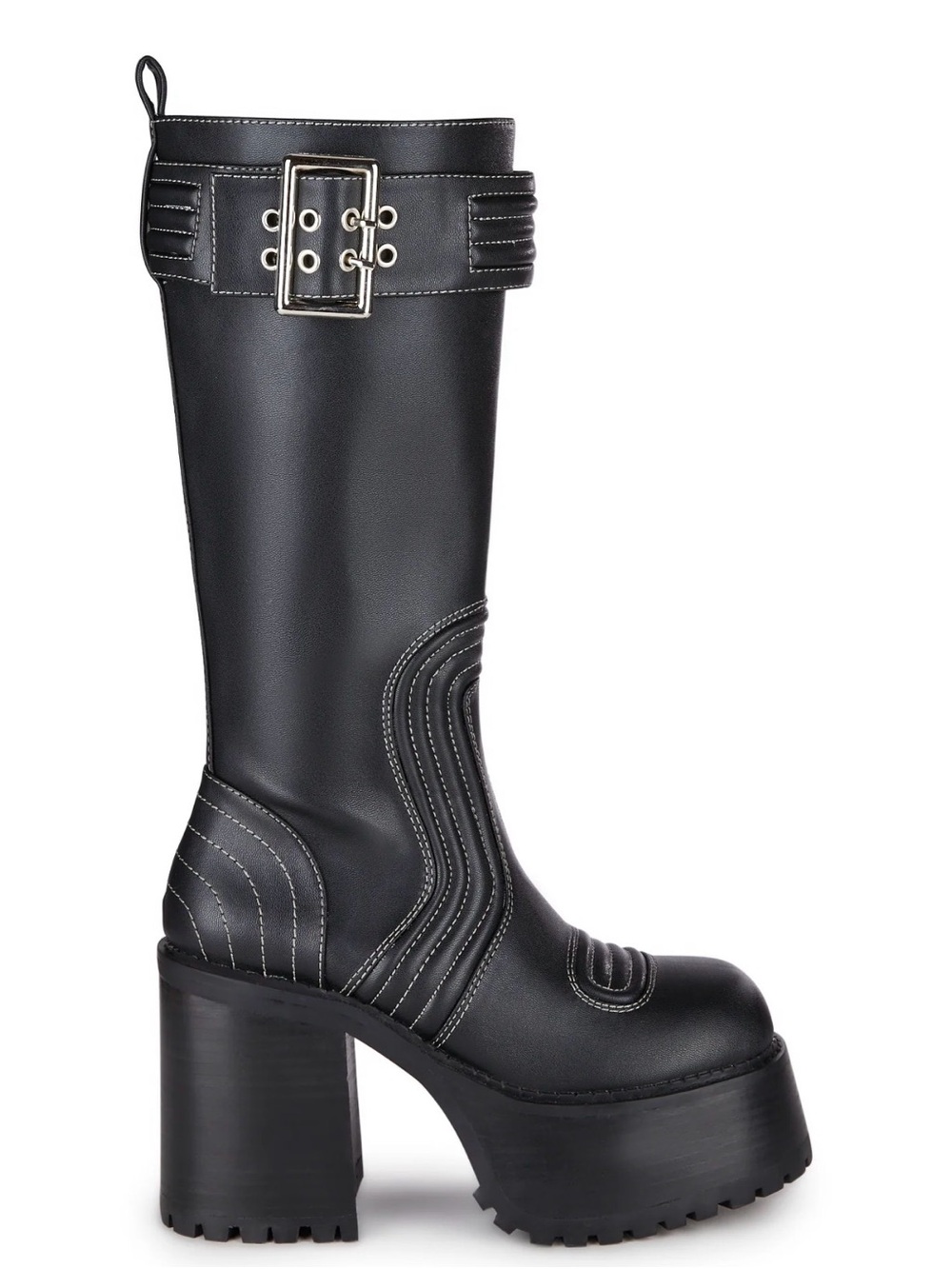 Women's Moto black Platform Knee-High Boots with Contrast Stitching dolls kil